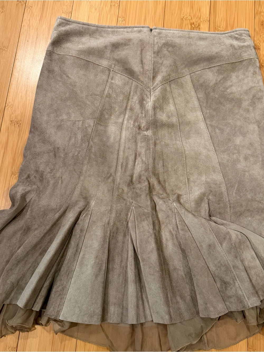 June Taupe Genuine Leather Suede Flared Skirt with Ruffle Hem - Picture 6 of 6